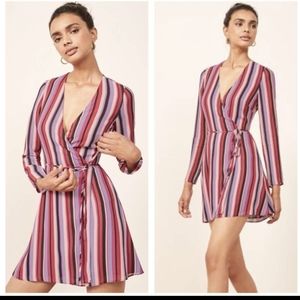 Reformation Gjelina Rainbow Striped Wrap Mini Dress Luisa Stripe XS